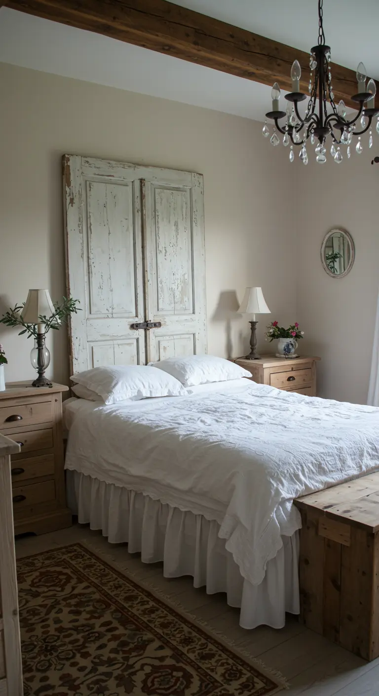 A pair of tall, distressed white antique doors used as a headboard in a country-style bedroom.