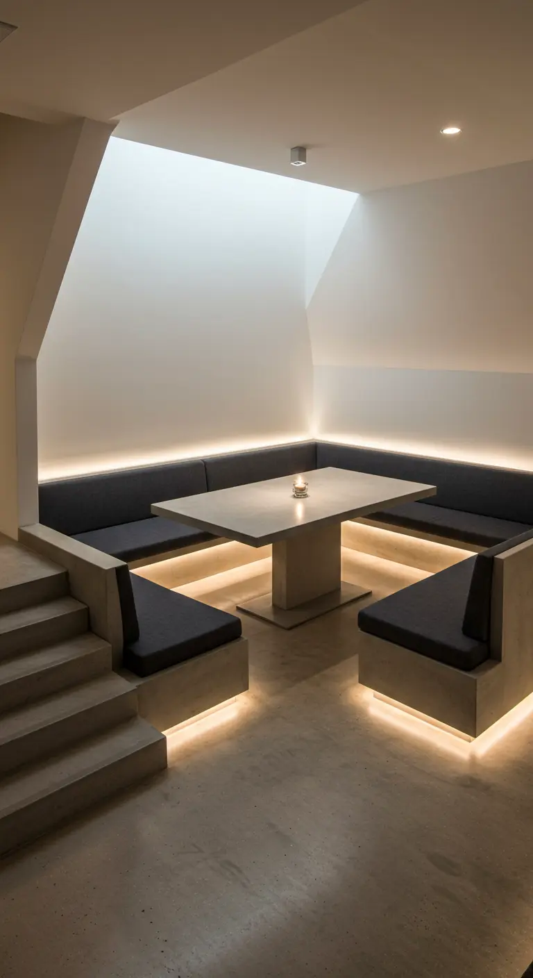 A sunken dining nook with a built-in concrete bench, table, and warm under-lighting.