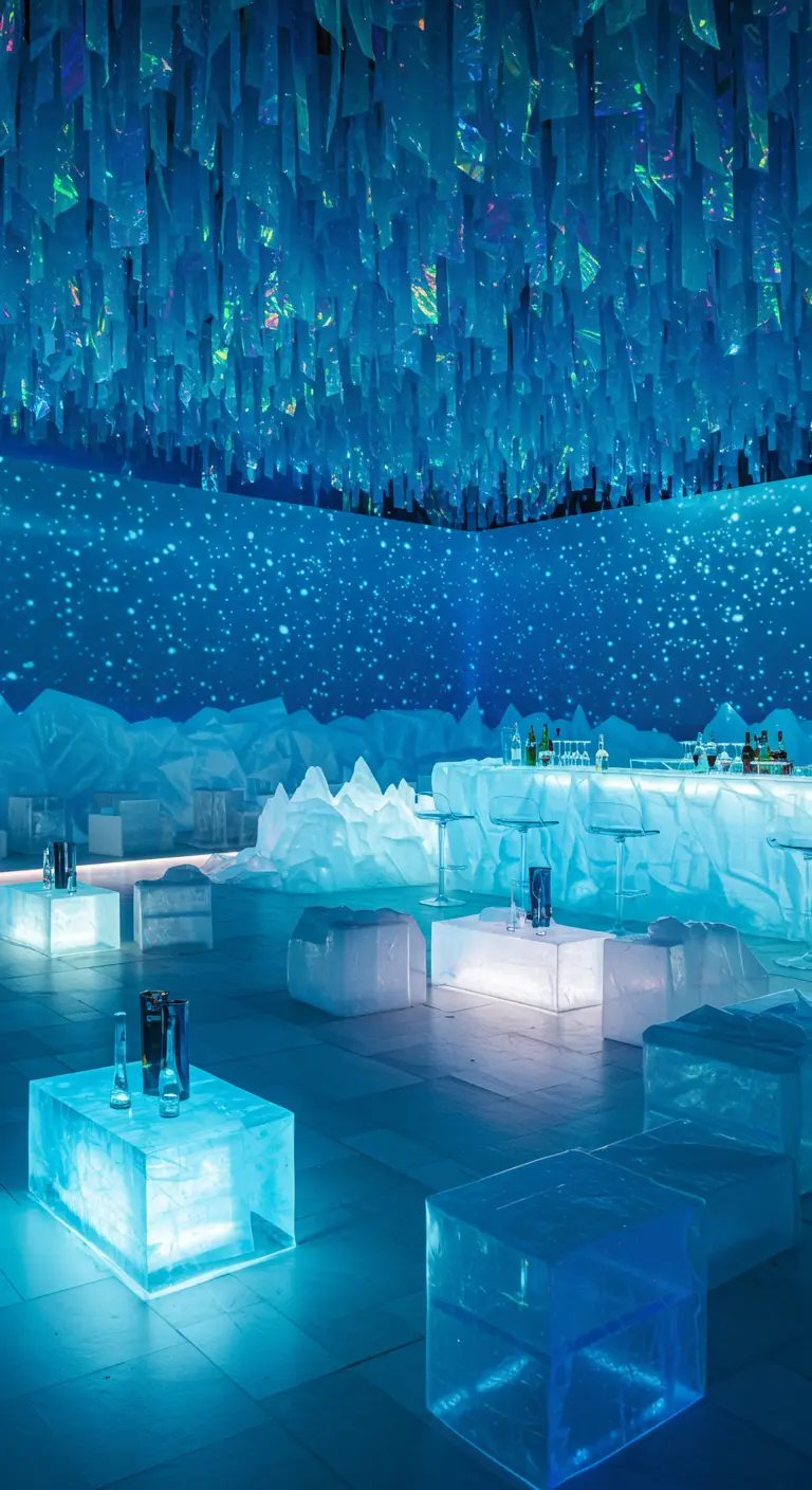 A party space designed like an ice cave with iridescent ceiling decor and glowing ice-block furniture.