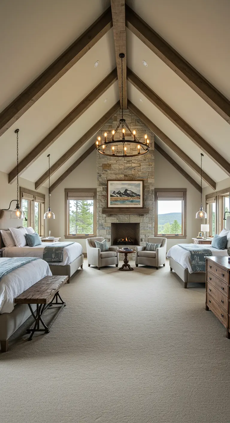 Large, symmetrical bedroom with two beds, a central fireplace, and vaulted wood-beamed ceiling.