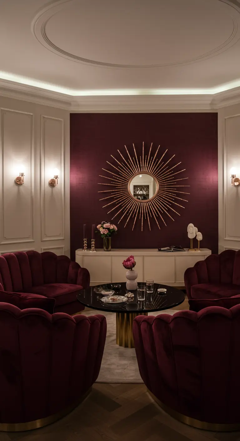 Four burgundy velvet chairs arranged in a circle in a formal living room.