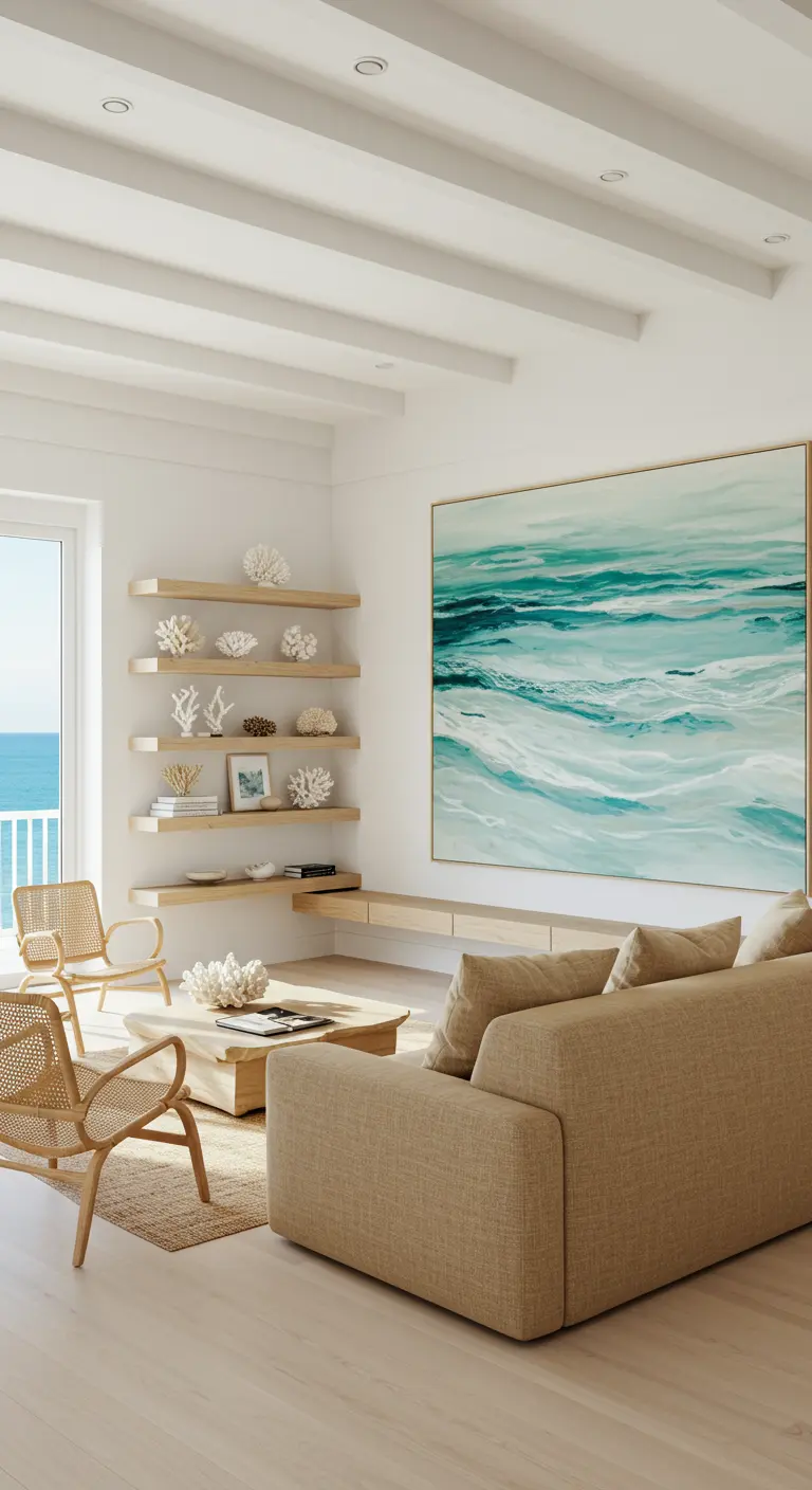 Staggered light wood floating shelves with coral decor next to a large ocean painting.