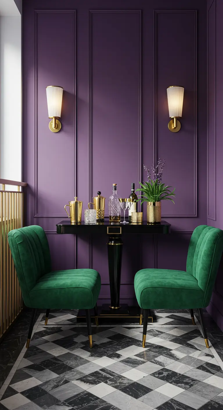 An elegant balcony with purple panelled walls, two emerald chairs, and a small black bar table.