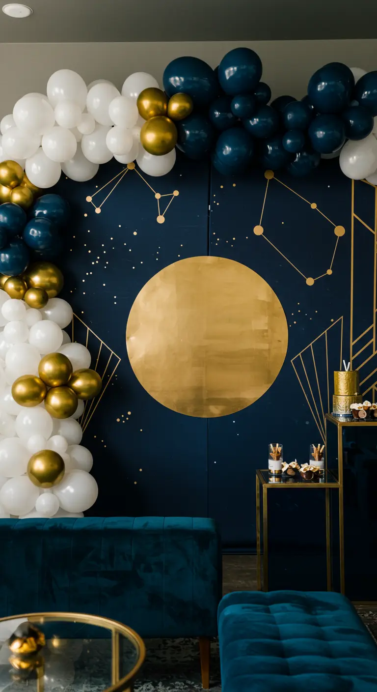 A sophisticated navy and gold celestial backdrop with an art deco feel and balloon garland.