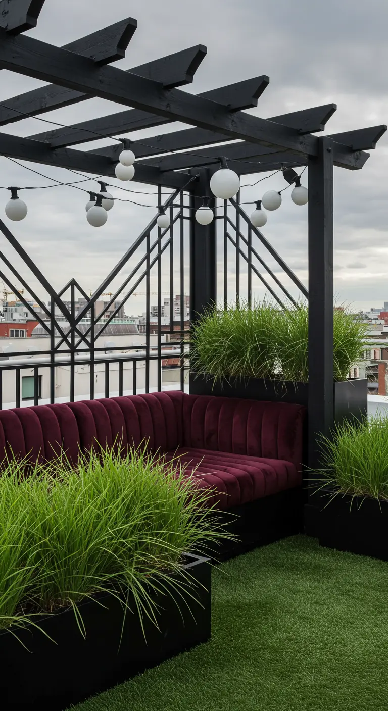 A dramatic rooftop with a black pergola, a burgundy velvet sofa, and a geometric metal screen.