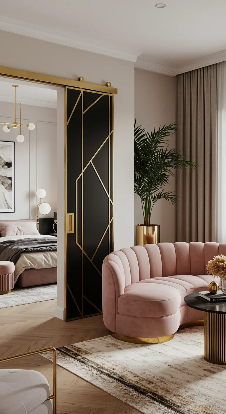 Glamorous living room with a black and gold Art Deco sliding door and a pink sofa.