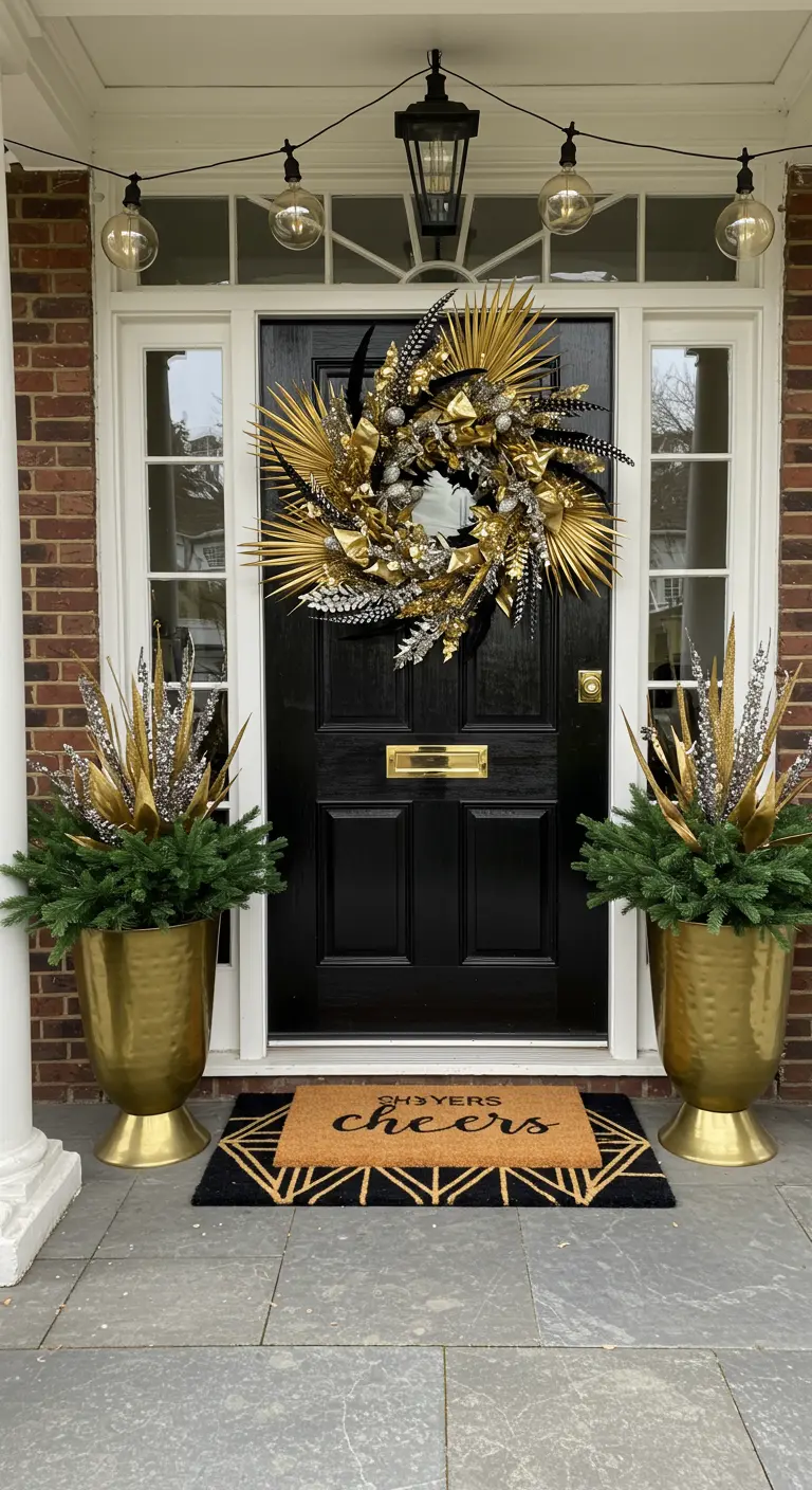 Black door with a glamorous gold and silver wreath for a New Year's Eve party.