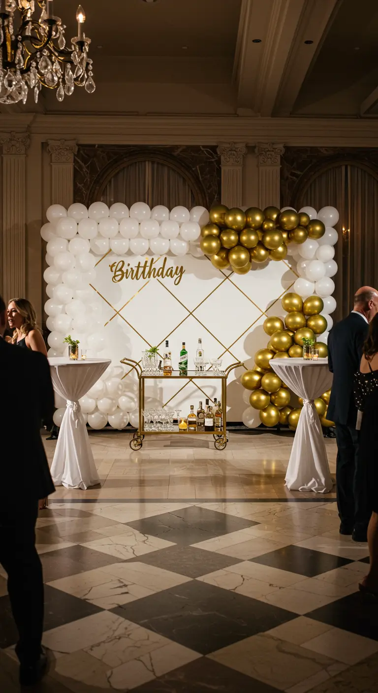 White and gold balloon backdrop with geometric gold lines behind a bar cart.