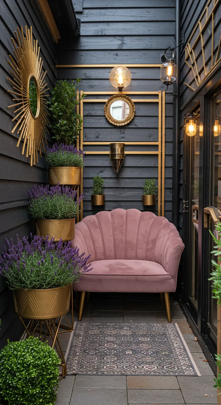 A narrow balcony with a pink velvet loveseat, gold planters, and a gold sunburst mirror on a dark wall.