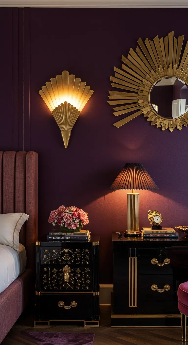 A close-up of a bedside table against a deep purple wall with gold Art Deco sconces and mirrors.