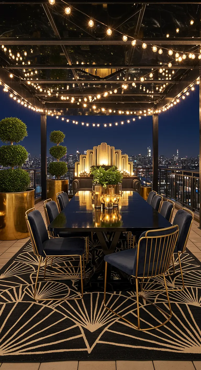 A glamorous rooftop dining area with Art Deco-style furniture and a reflective ceiling.