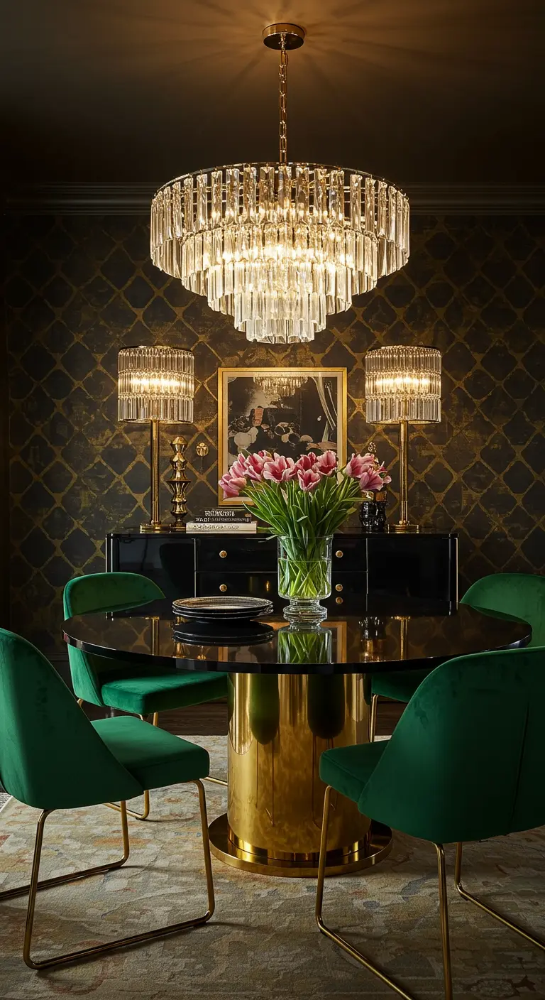 Luxe dining room with dark wallpaper, emerald velvet chairs, and a brass and glass table.