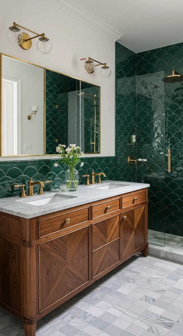 Bathroom with dark green scalloped tiles, a wood vanity, and brushed brass fixtures.