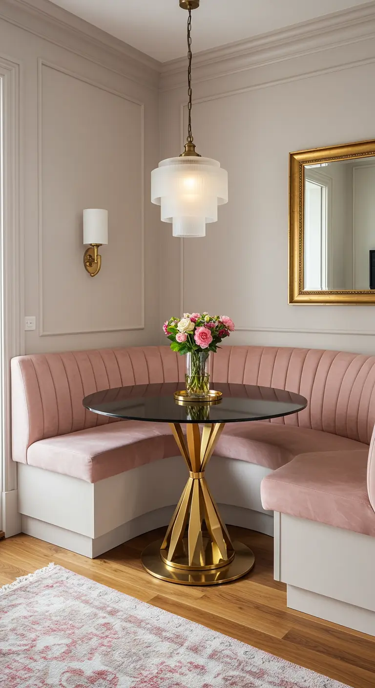 A glamorous dining nook with a pink velvet banquette and a sculptural brass table.