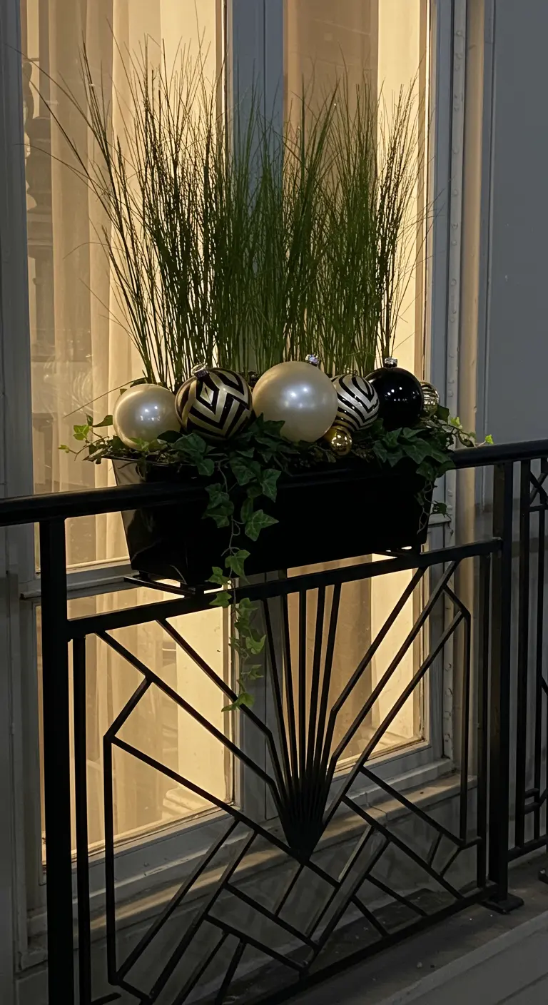 A window box with tall grasses and black, white, and gold Art Deco style baubles.