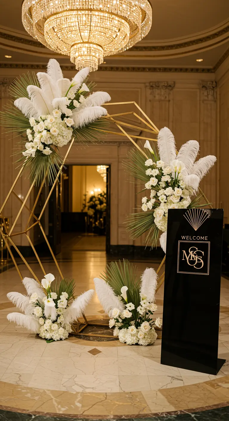 An Art Deco wedding entrance with gold geometric frames, white flowers, and ostrich feathers.