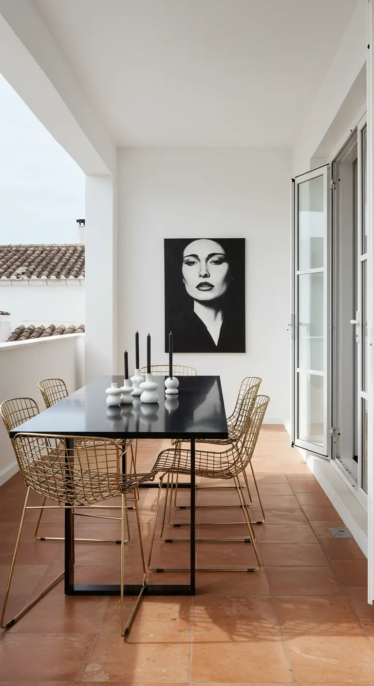 A white balcony with a black dining table, gold wireframe chairs, and a large black and white portrait.
