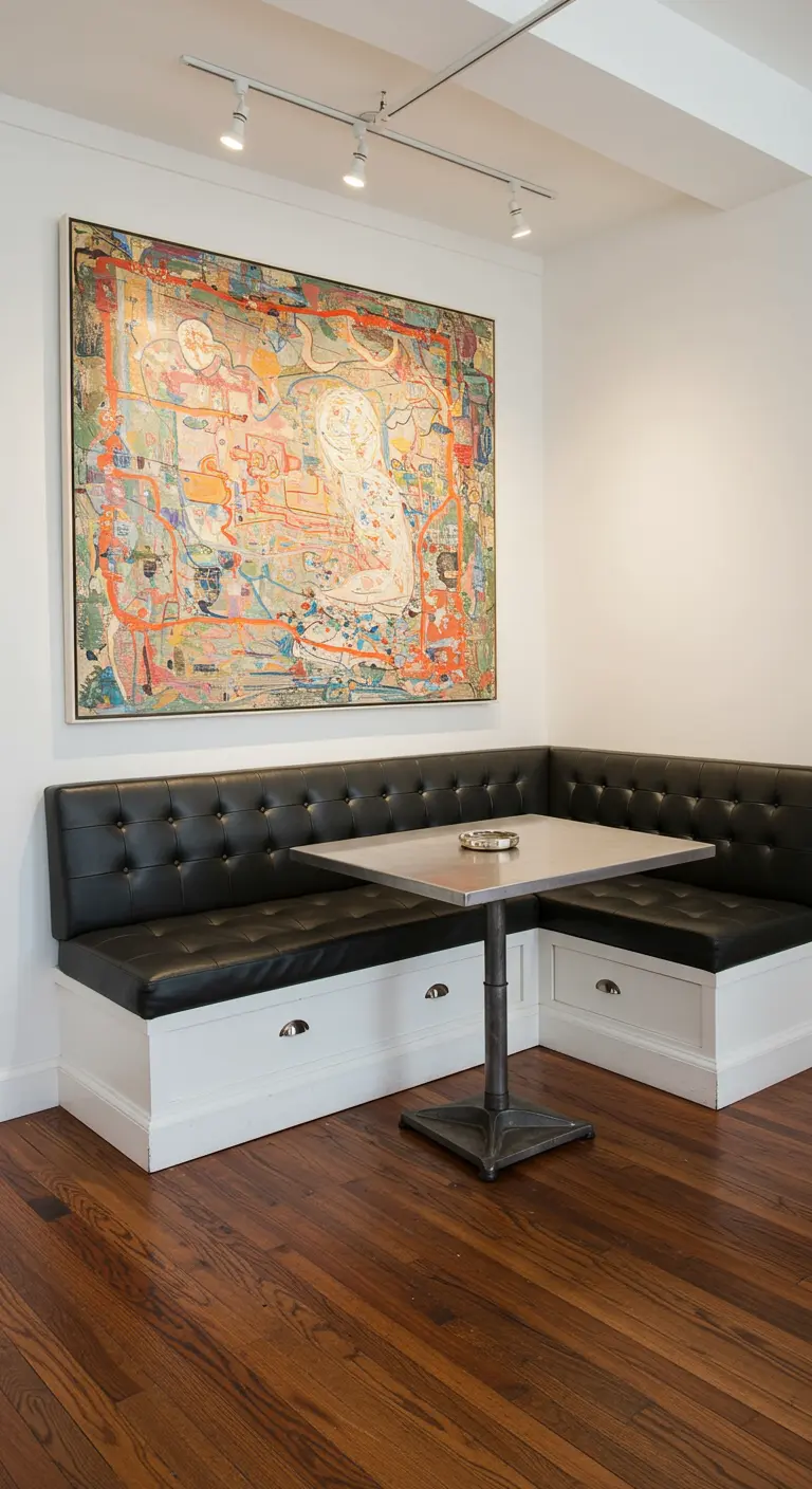 A dining nook with a black leather banquette anchored by a large, colorful abstract painting.