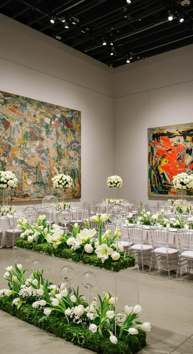 A modern floral installation with moss and white tulips on acrylic stands in an art gallery.