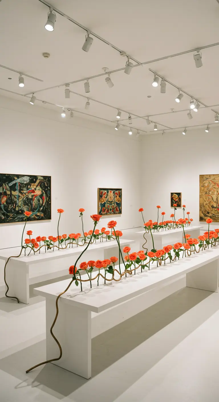 Modern art gallery installation of coral roses winding across white minimalist tables.