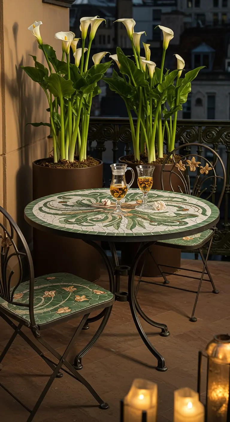 Elegant Art Nouveau mosaic bistro table with calla lily motif, surrounded by potted lilies.