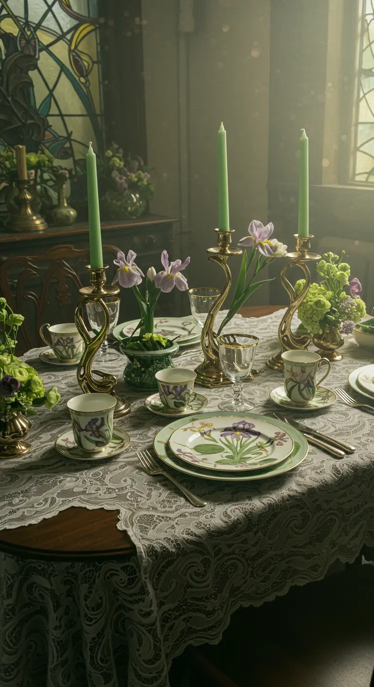 Art Nouveau-style table with iris-patterned china and green candles.