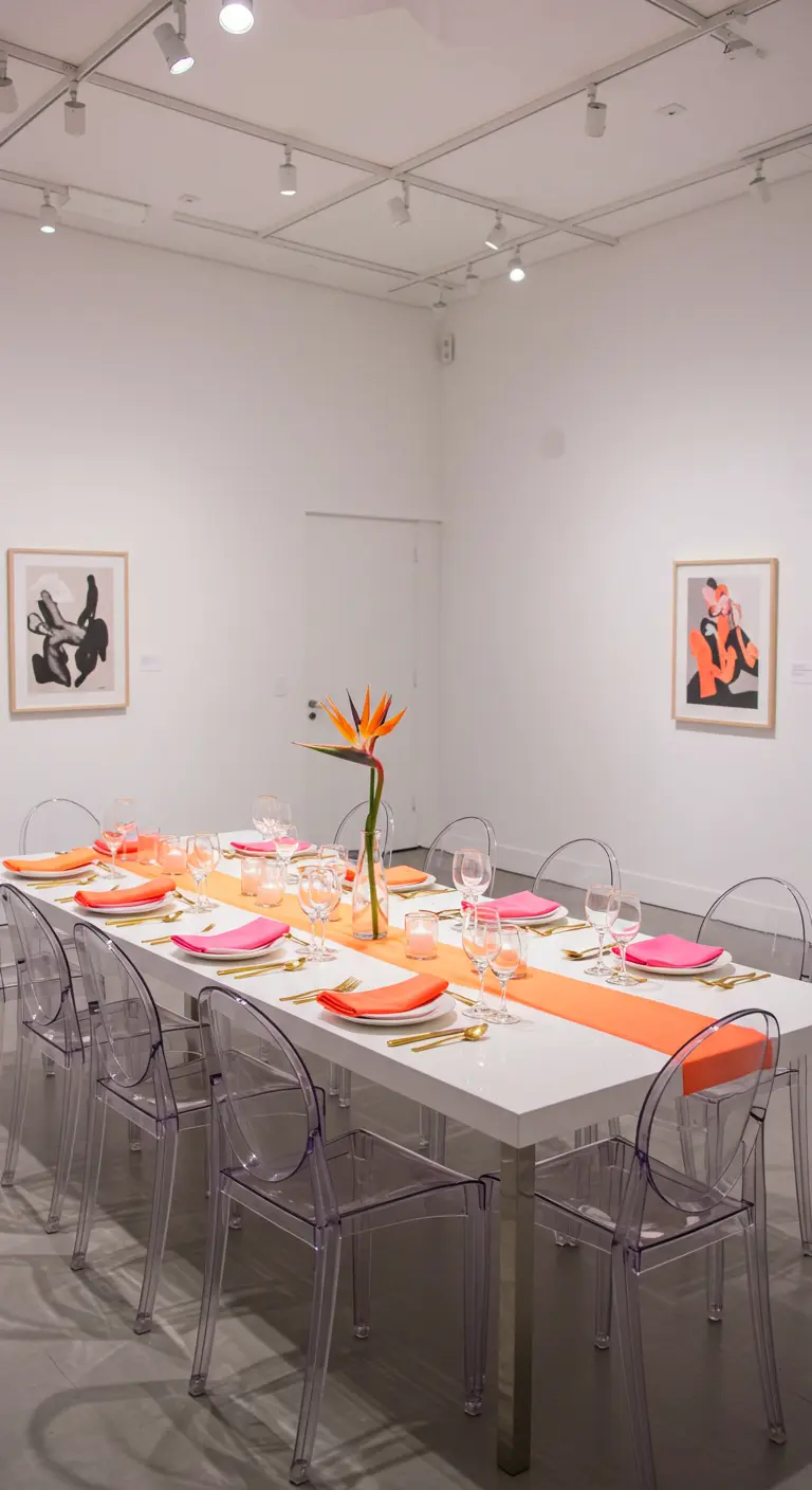 Minimalist table in an art gallery with bright orange and pink plates.