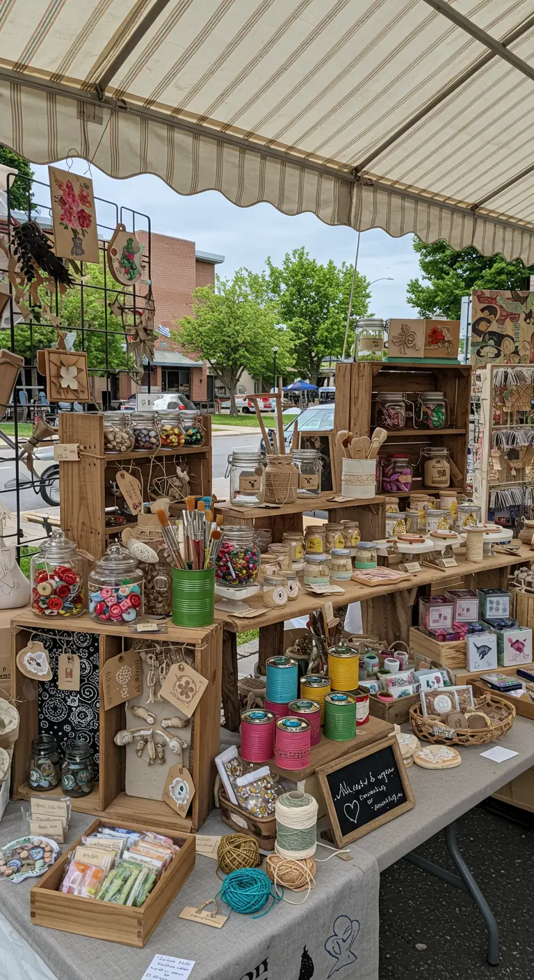 Outdoor market stall display with wooden crates, glass jars, and colorful tin cans holding craft supplies.