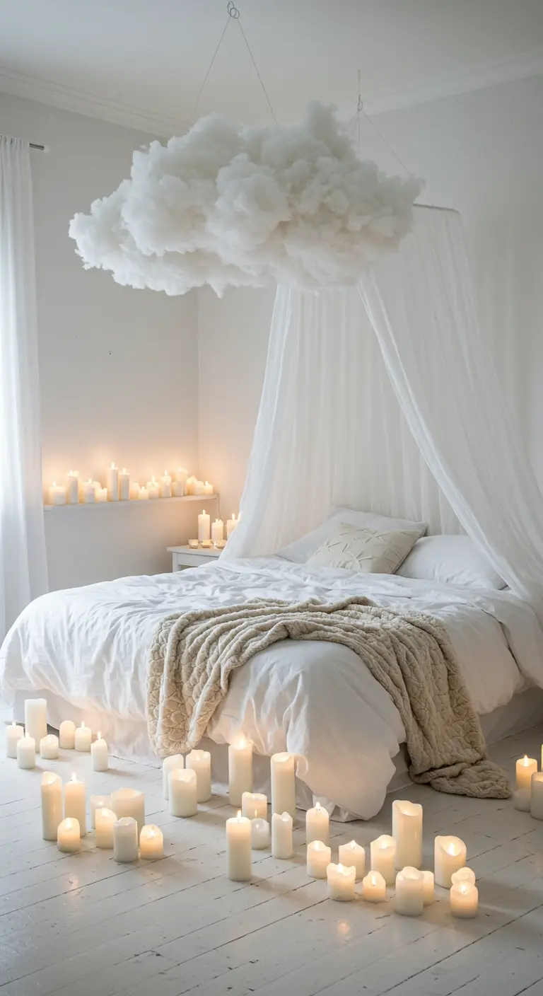 All-white bedroom with a cloud light, sheer canopy, and chunky knit throw.