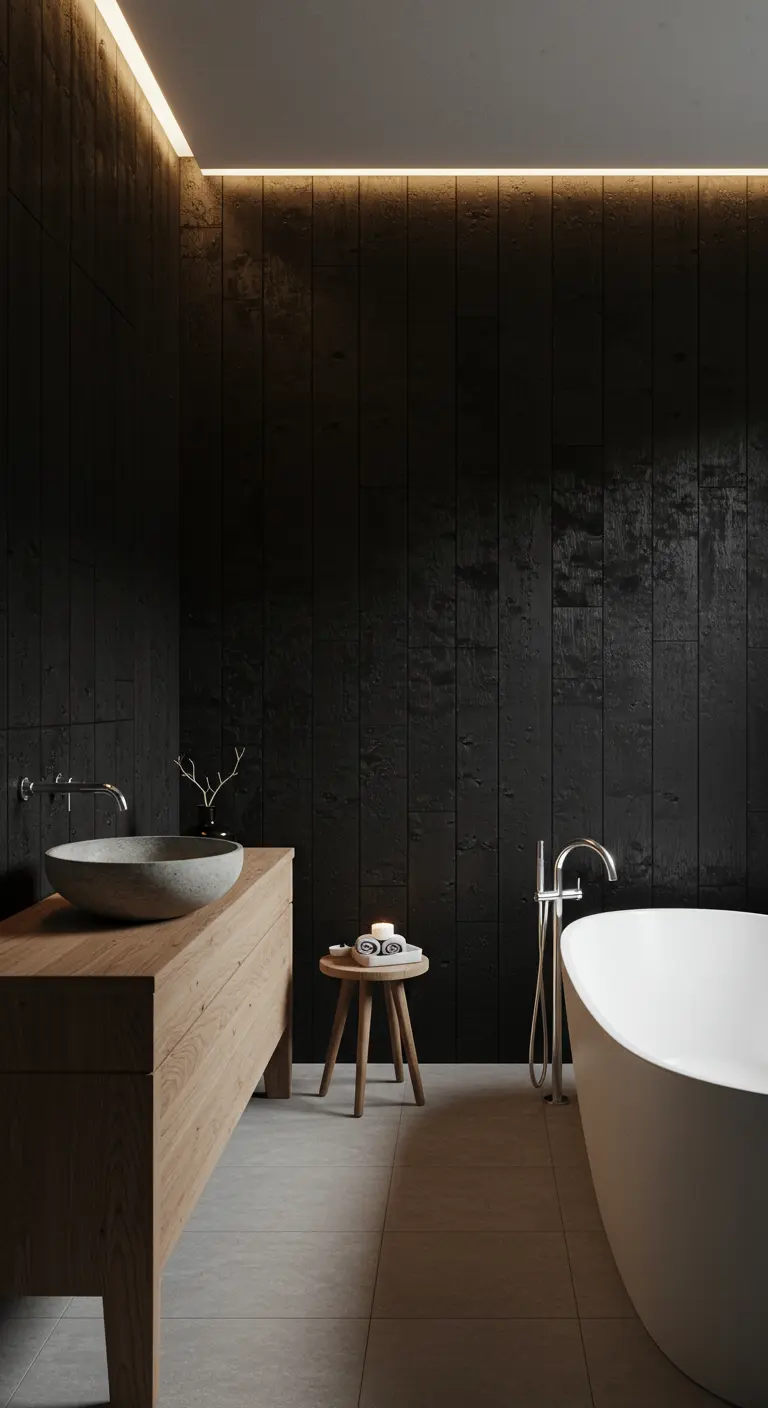 Dark, minimalist bathroom with warm cove lighting, a wood vanity, and a freestanding tub.