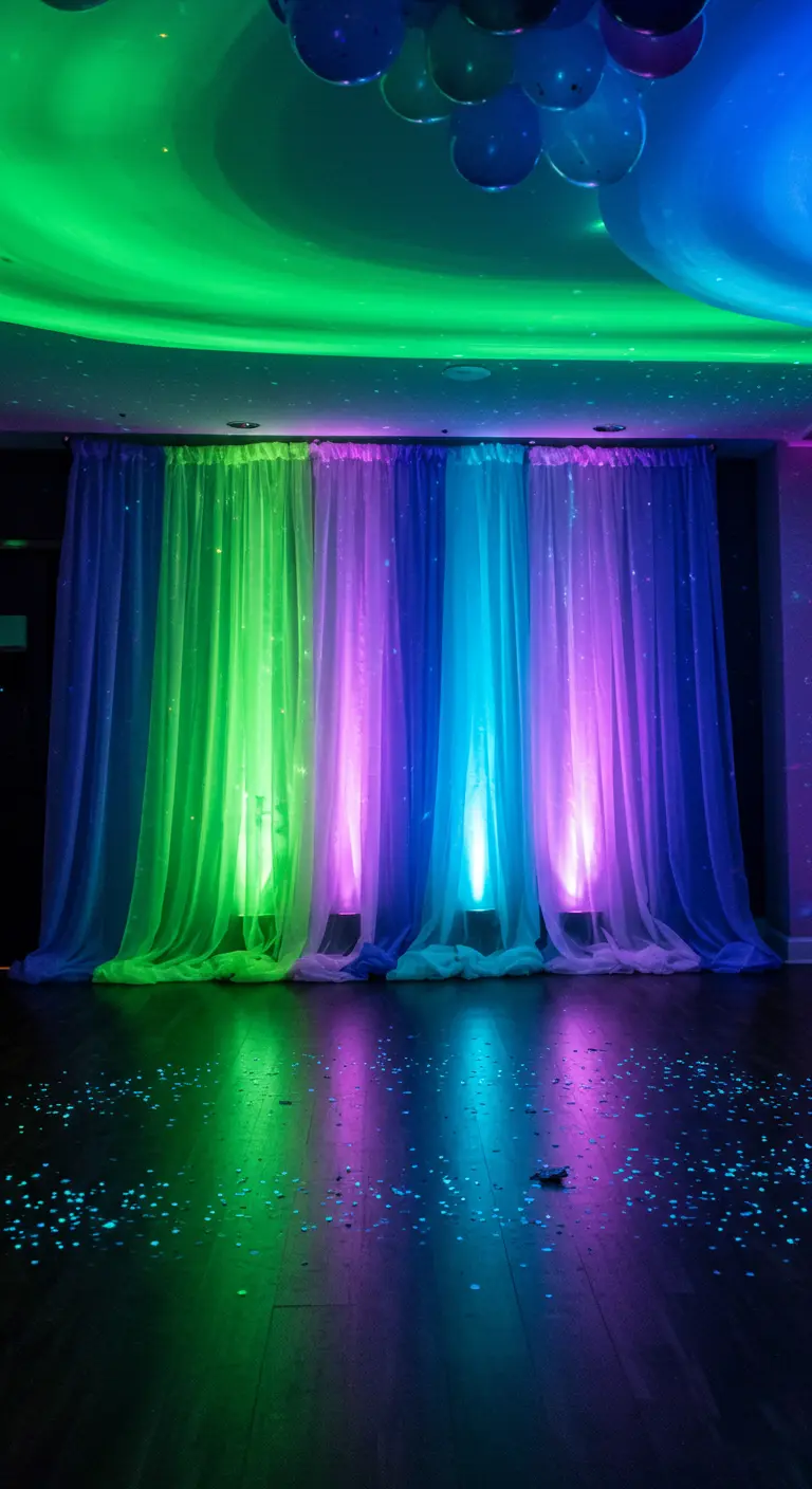 Sheer curtains dramatically lit from below with green, purple, and blue lights.