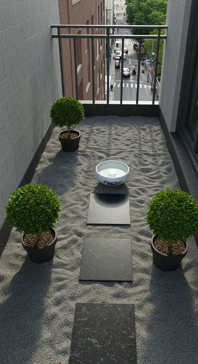 Minimalist balcony with grey sand, three small shrubs, and square stepping stones.