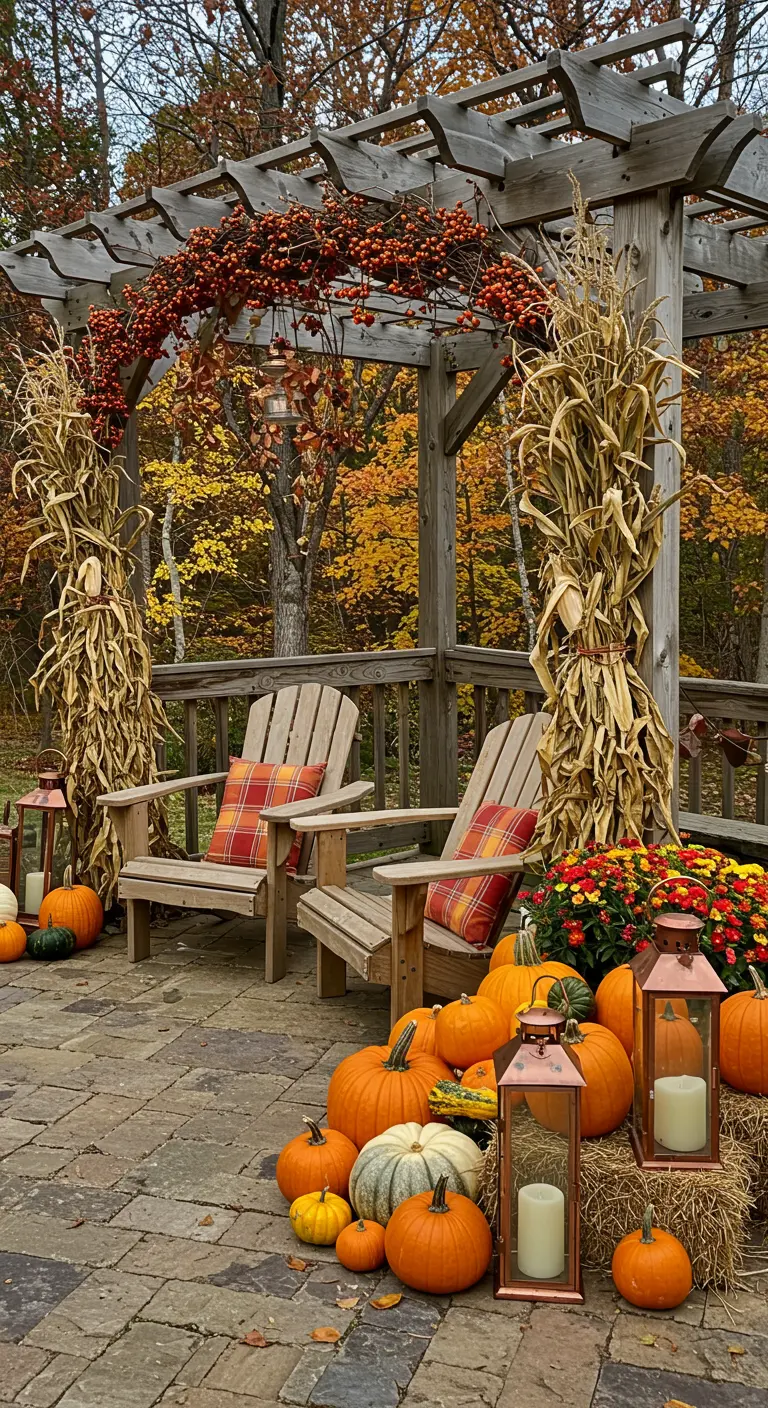 A pergola decorated for fall with pumpkins, corn stalks, and plaid cushions on chairs.