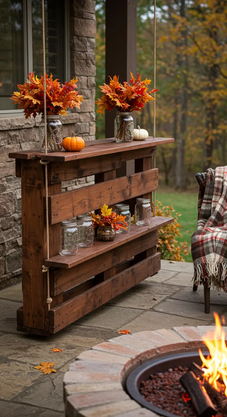 A dark-stained pallet console table decorated with autumn leaves and pumpkins, next to a fire pit.