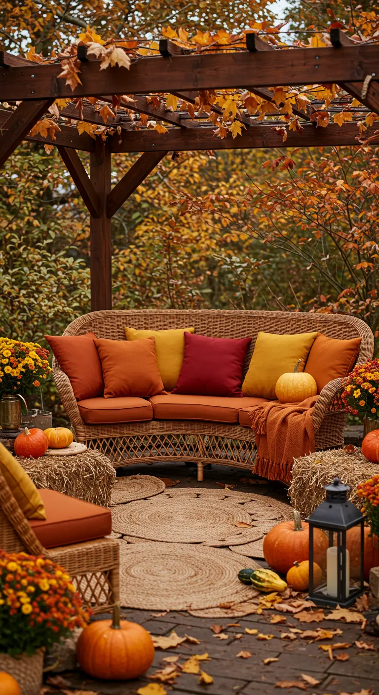 A rattan sofa decorated with autumn-colored pillows, pumpkins, and mums under a pergola.