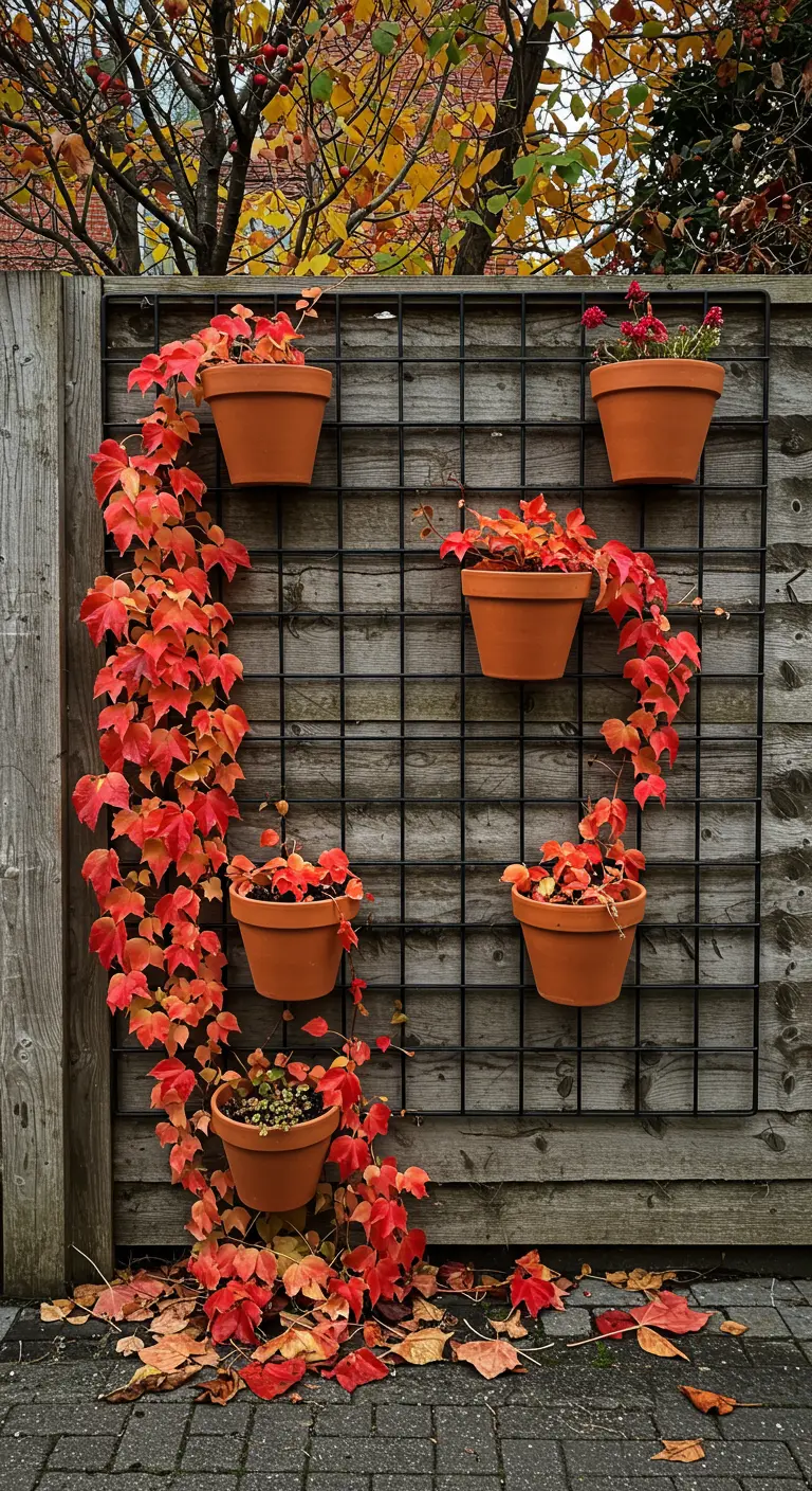 A black grid on a wooden fence with terracotta pots of brilliant red autumn ivy.