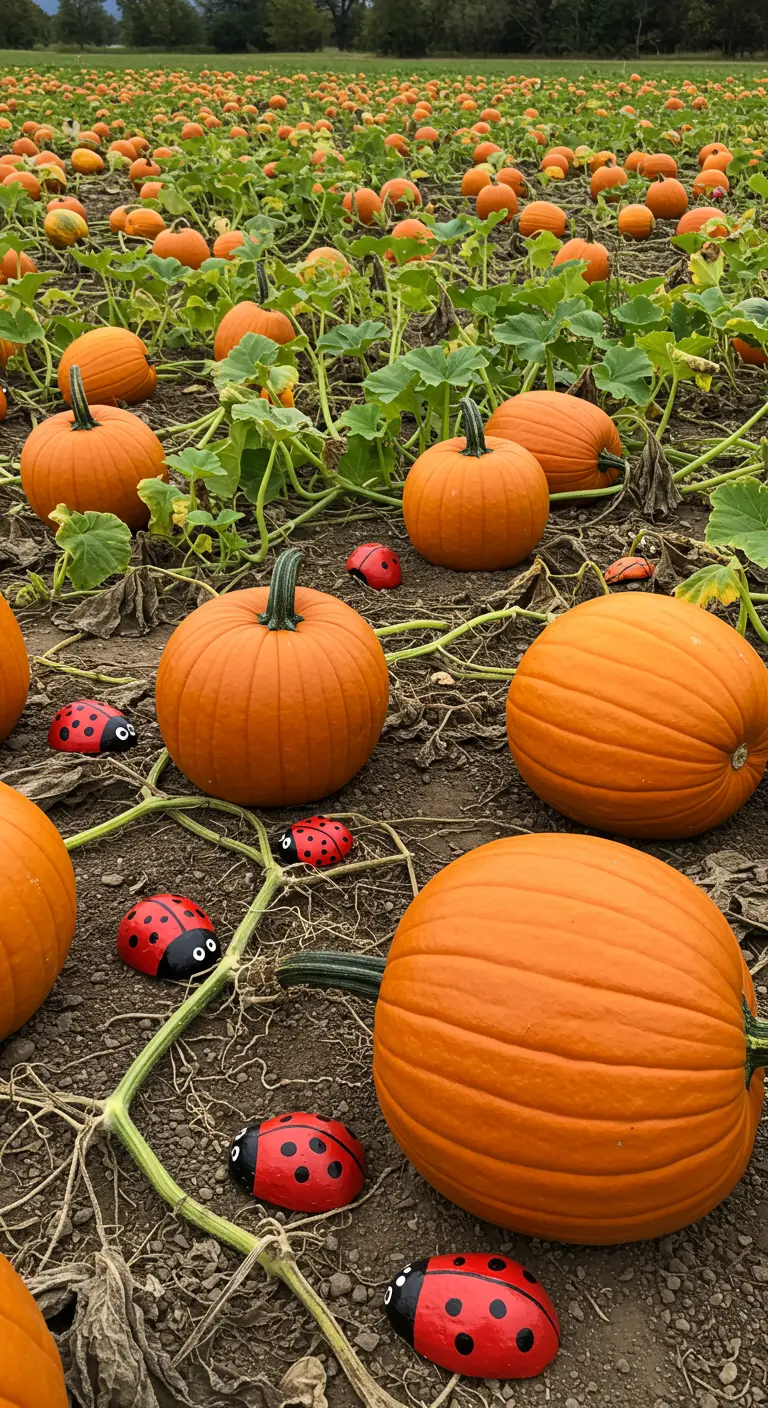Several painted ladybug rocks scattered on the ground in a field of large orange pumpkins.