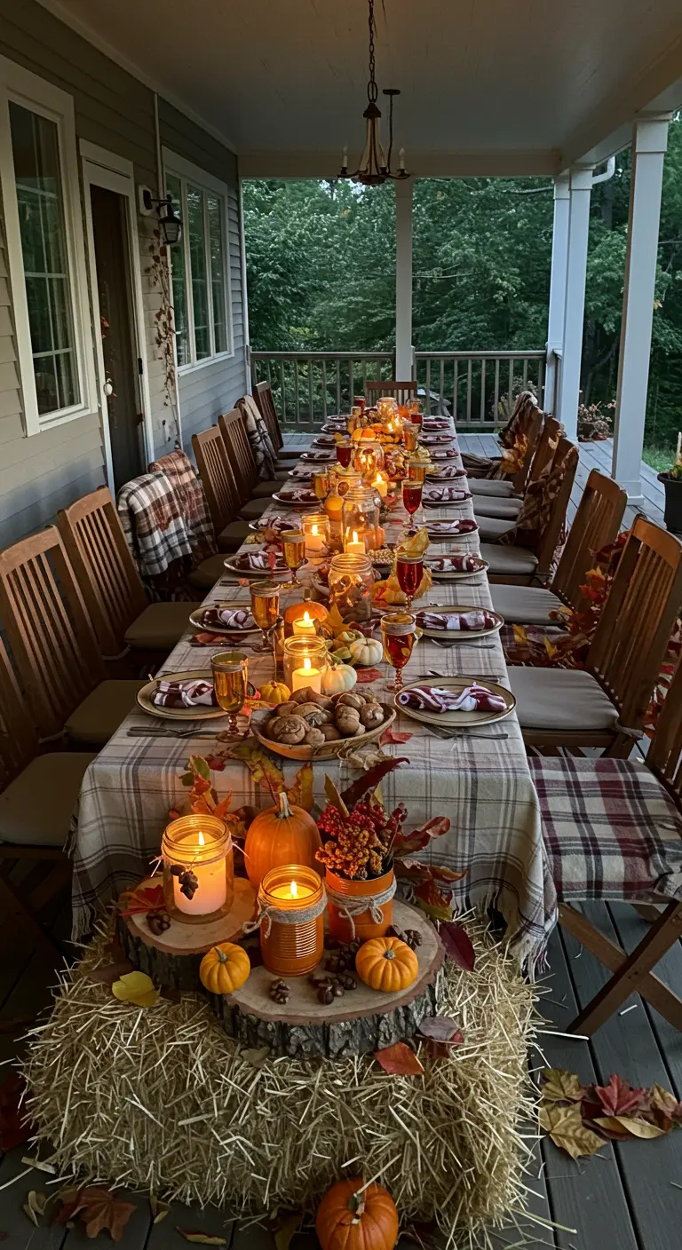 Outdoor autumn dining table with plaid tablecloth, pumpkins, candles in jars, and hay bales.
