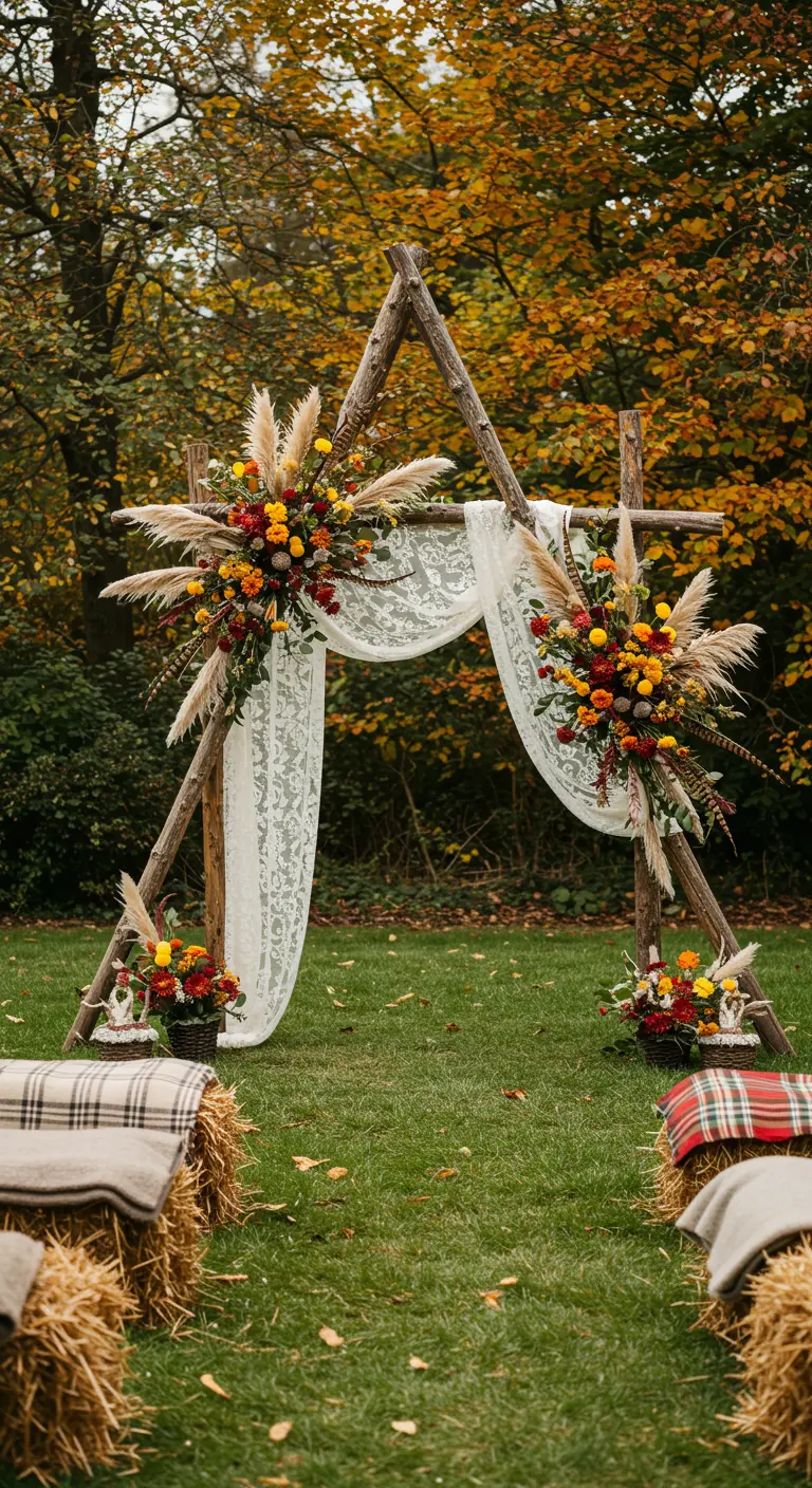 A rustic triangular arch decorated for fall with pampas grass, lace, and orange flowers.
