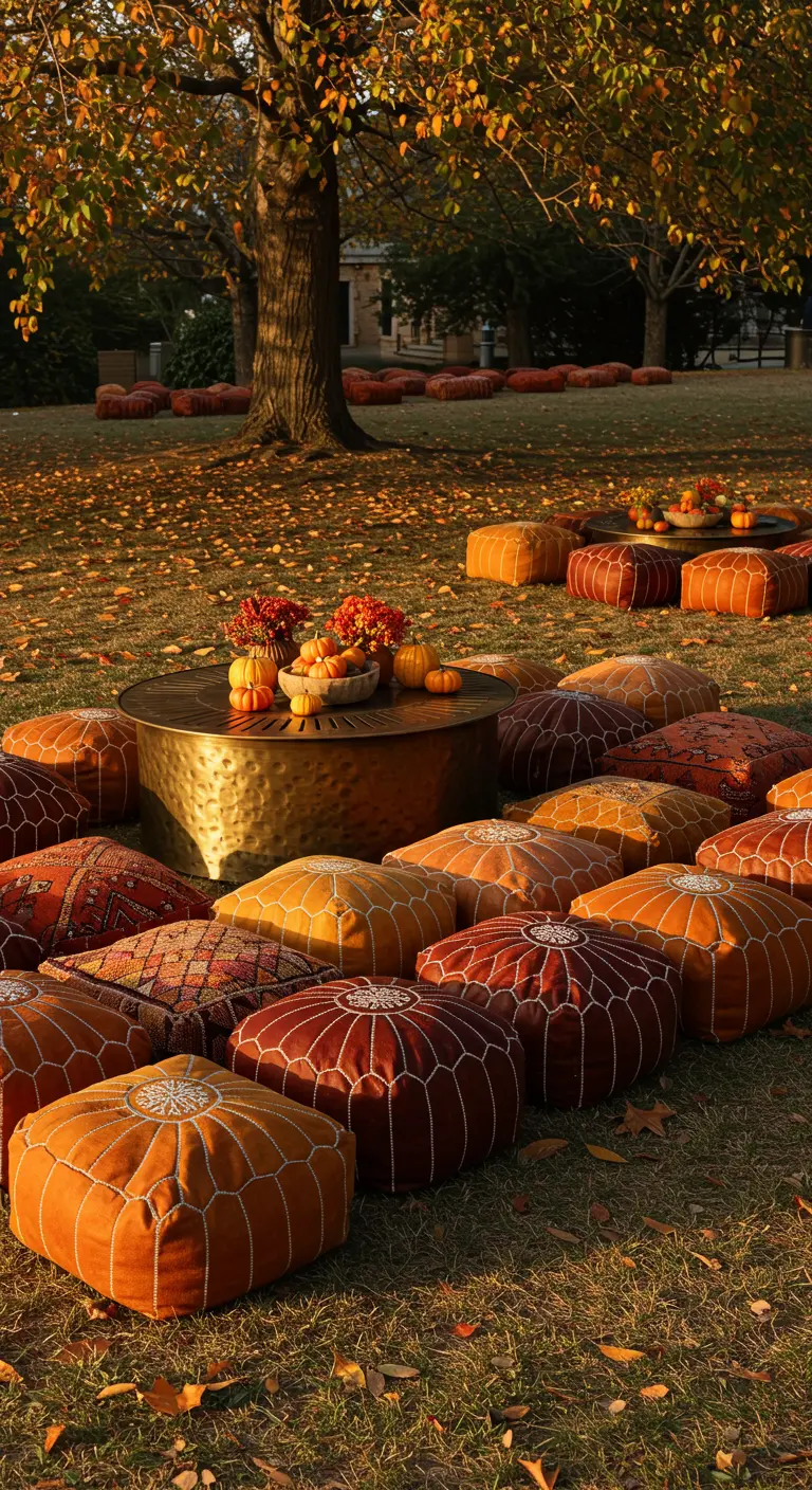 Orange, brown, and red poufs arranged on a lawn covered in autumn leaves around a metal table.