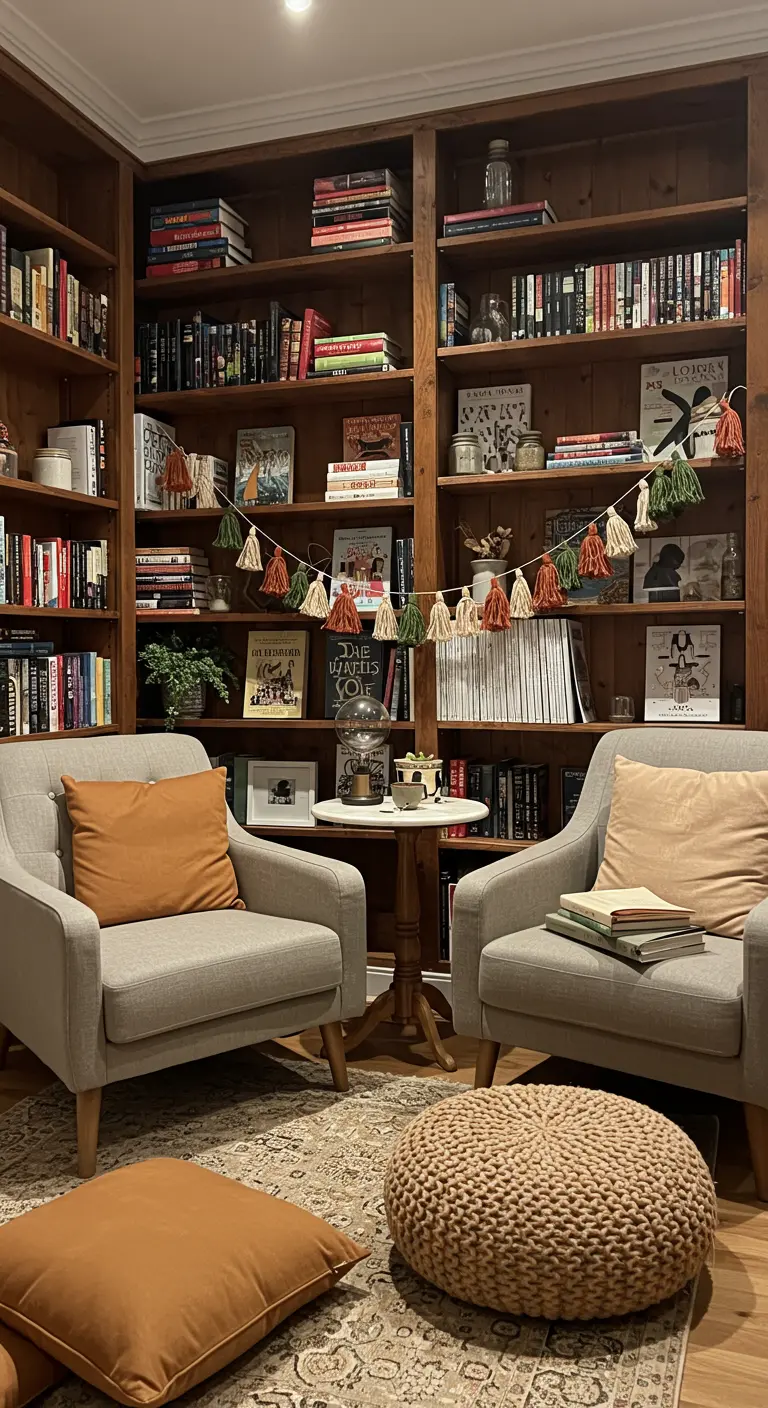 A tassel garland in earthy tones of rust, green, and cream is draped across tall wooden bookshelves.