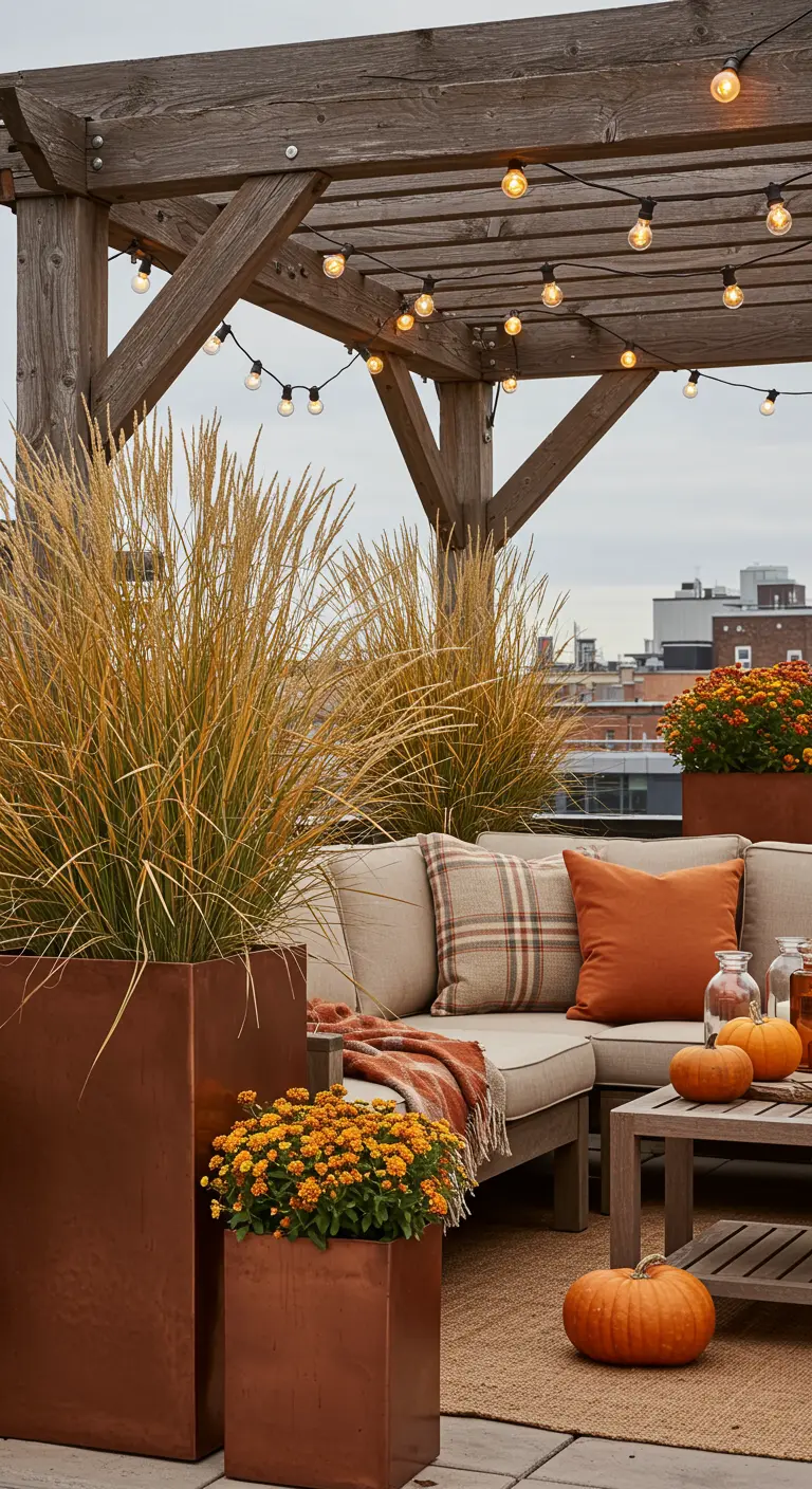 An autumn-themed rooftop patio with a beige sofa, plaid and orange pillows, and pumpkins.