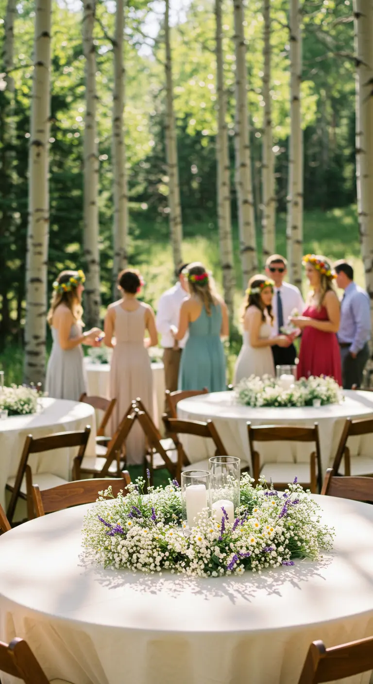 Round wedding centerpiece of baby's breath, daisies, and lavender with candles.