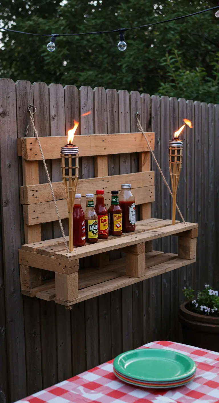 A pallet shelf on a wooden fence holds BBQ sauces and two tiki torches, ready for a cookout.