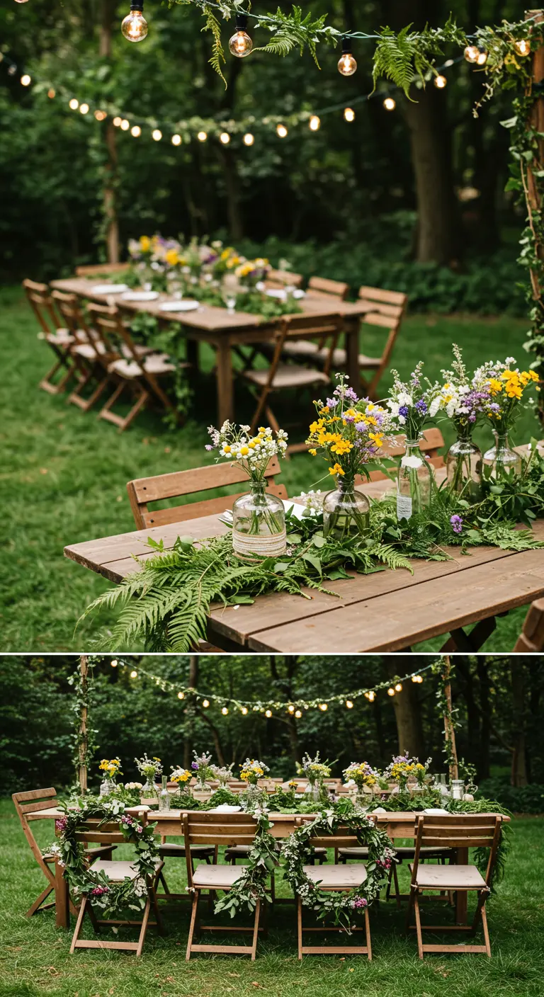 Casual backyard wedding tables with wildflower bud vases and chair wreaths.