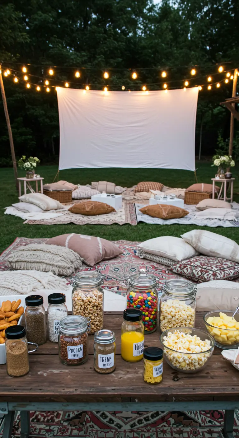 A cozy outdoor movie night with a projector screen, string lights, and a popcorn bar.