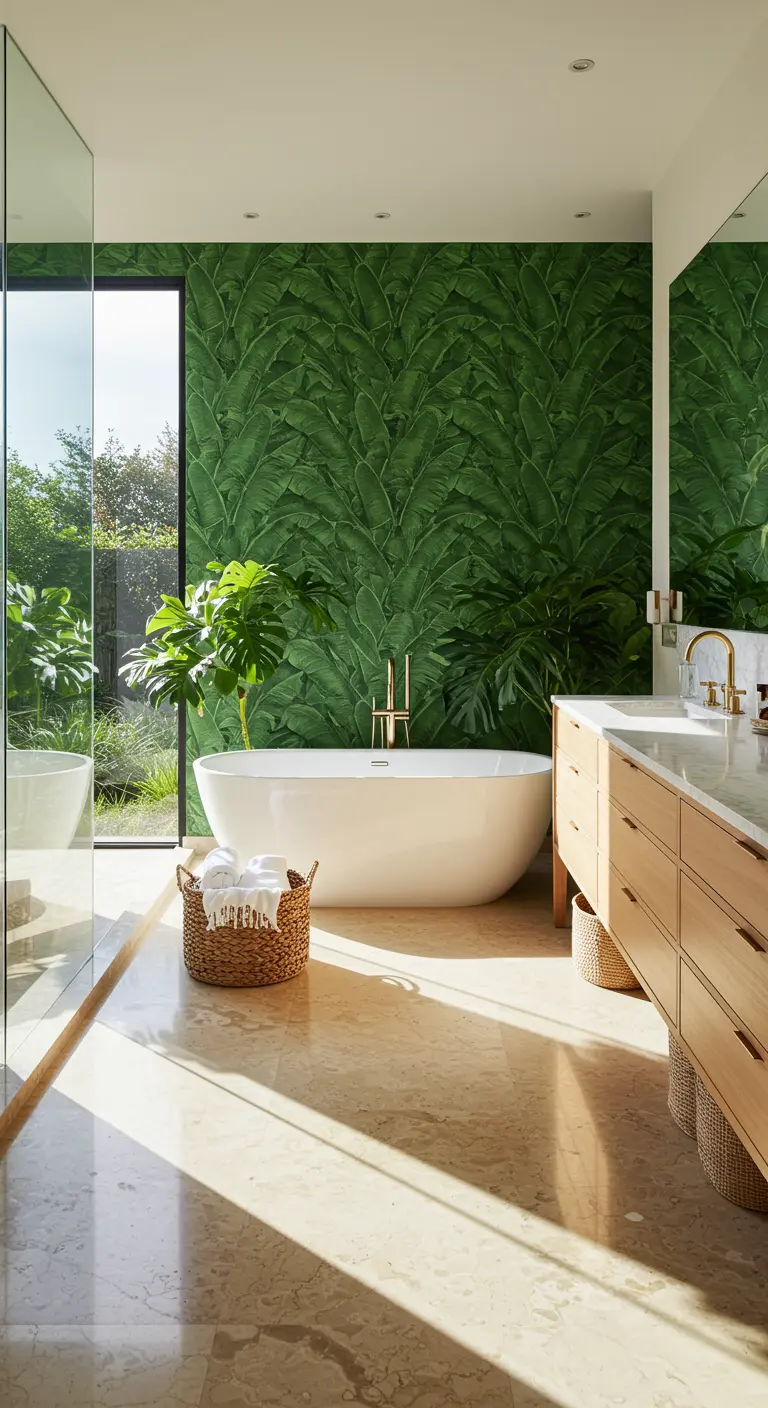 Sunlit bathroom with green palm wallpaper, a white tub, and a light wood vanity.