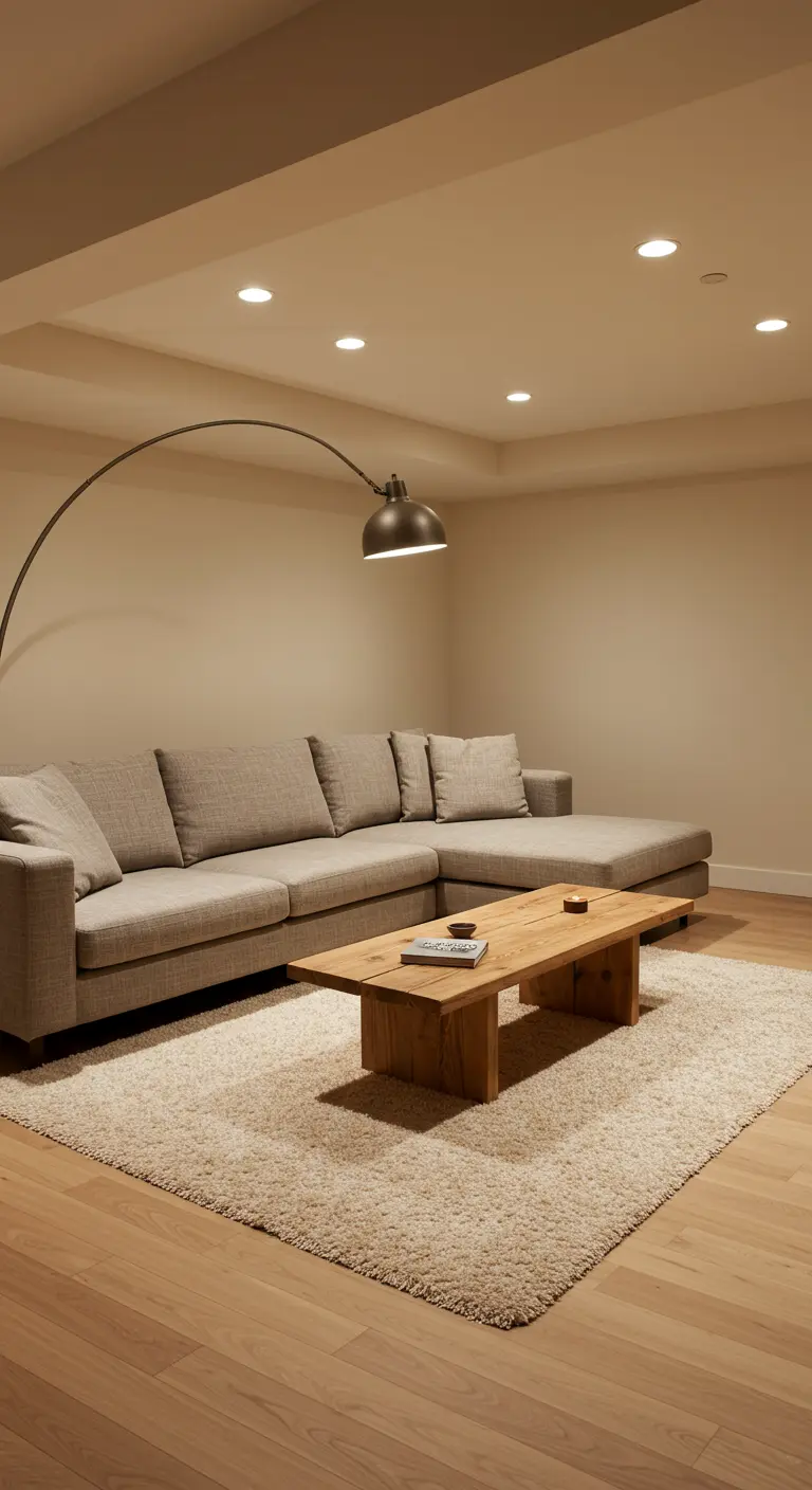 A basement living room with a large gray sectional sofa and a large overarching floor lamp.