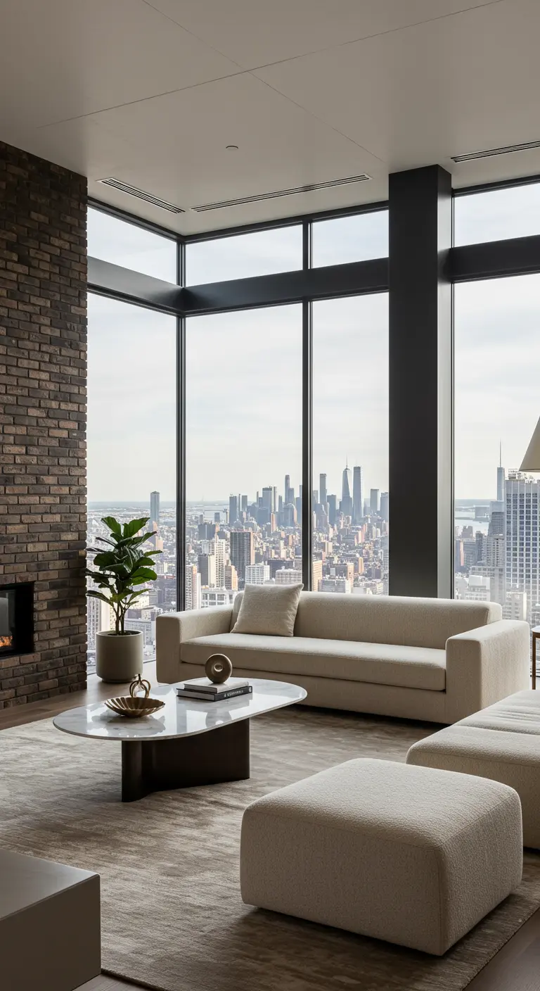 A modern living room with city views and a tall, dark brick fireplace feature.