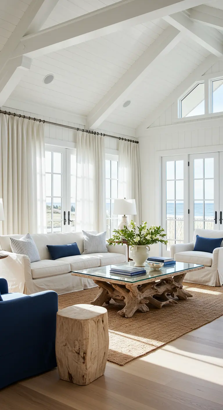 Bright coastal living room with white vaulted ceilings and a driftwood coffee table.